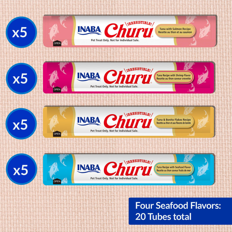 INABA Churu Cat Treats, Wet, Lickable, Squeezable Creamy Purée Cat Treat, 20 Tubes, Seafood Variety Box