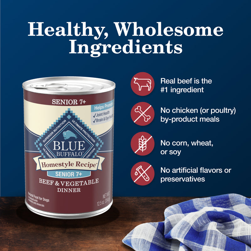 Blue Buffalo Homestyle Recipe Senior Wet Dog Food, Made with Natural Ingredients, Beef Dinner with Garden Vegetables, 12.5-oz. Can