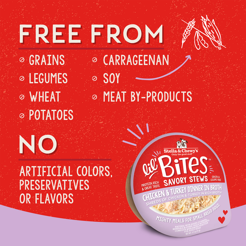 Stella & Chewy's Lil Bites Savory Stews - Chicken & Turkey Dinner in Broth for Dogs - 2.7 oz. Cup