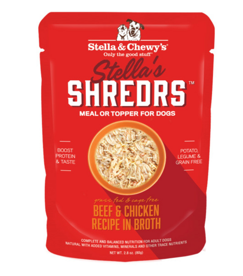 Stella's Shredrs Grass Fed & Cage Free Beef & Chicken Recipe in Broth for Dogs - 2.8 oz. Pouch