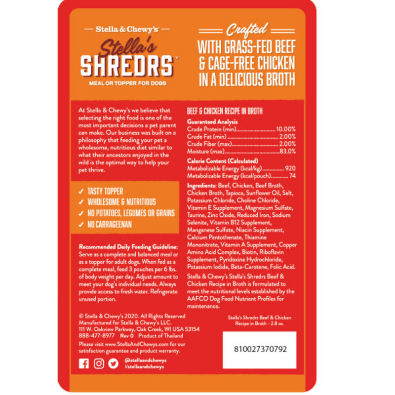 Stella's Shredrs Grass Fed & Cage Free Beef & Chicken Recipe in Broth for Dogs - 2.8 oz. Pouch