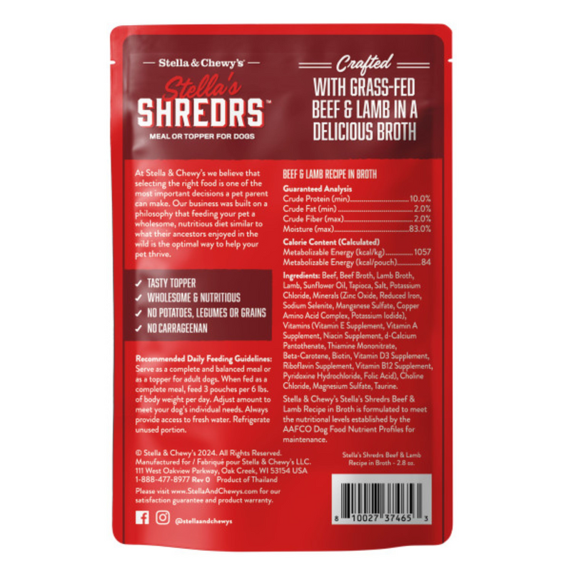 Stella's Shredrs Grass Fed Beef & Lamb Recipe in Broth for Dogs - 2.8 oz Pouch