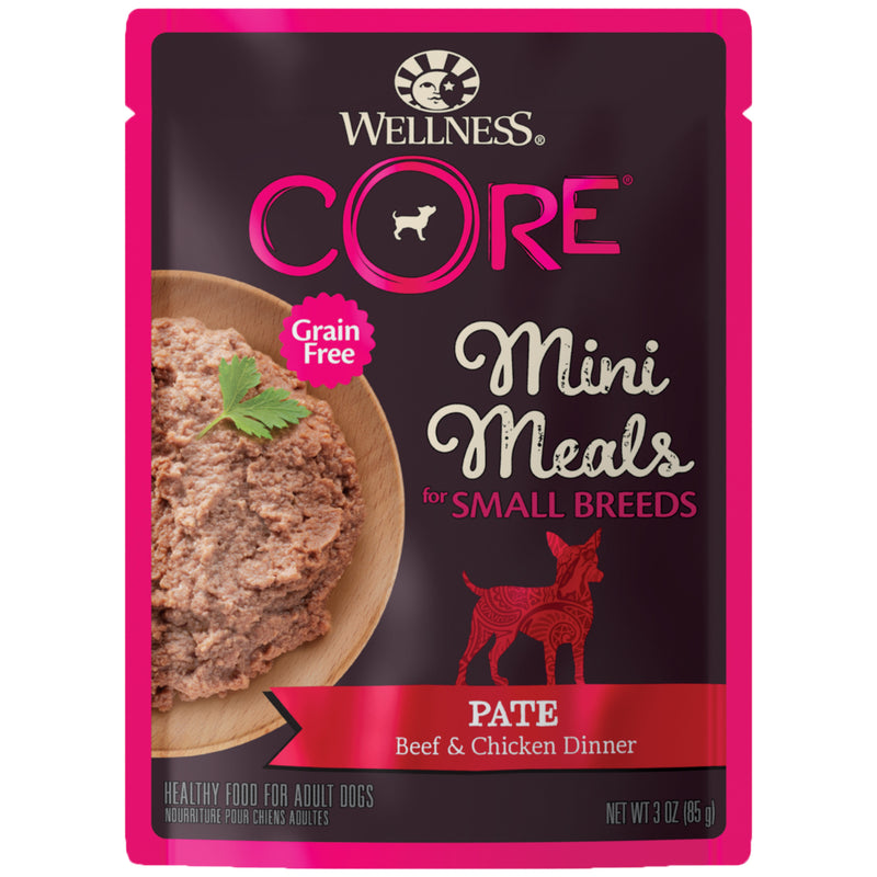 Wellness CORE Natural Grain Free Small Breed Mini Meals Wet Dog Food, Paté Beef & Chicken Dinner, 3-Ounce Pouch