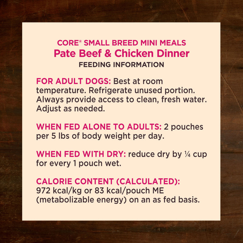 Wellness CORE Natural Grain Free Small Breed Mini Meals Wet Dog Food, Paté Beef & Chicken Dinner, 3-Ounce Pouch