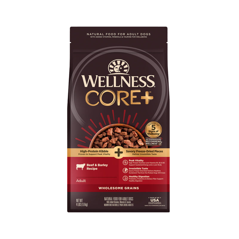 Wellness CORE+ (Formerly RawRev) Dry Dog Food with Freeze Dried Pieces, Wholesome Grains, High Protein, Natural, Beef & Barley Recipe, (4-Pound Bag)