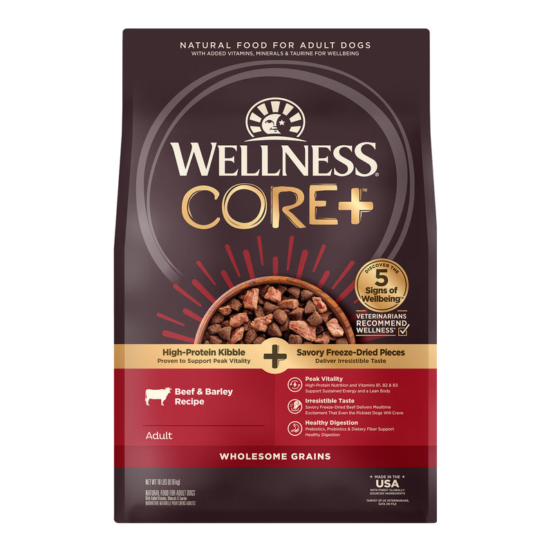 Wellness CORE+ (Formerly RawRev) Dry Dog Food with Freeze Dried Pieces, Wholesome Grains, High Protein, Natural, Beef & Barley Recipe, (18-Pound Bag)