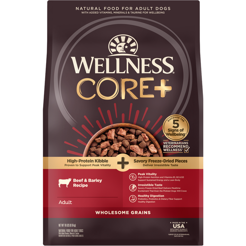 Wellness CORE+ (Formerly RawRev) Dry Dog Food with Freeze Dried Pieces, Wholesome Grains, High Protein, Natural, Beef & Barley Recipe, (18-Pound Bag)