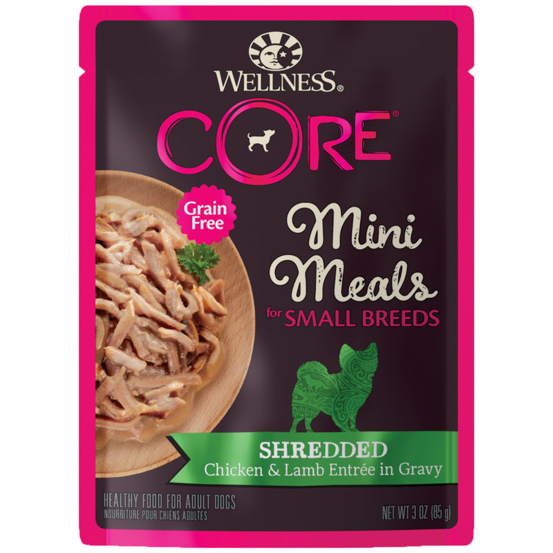 Wellness CORE Natural Grain Free Small Breed Mini Meals Wet Dog Food, Shredded Chicken & Lamb Entrée in Gravy, 3-Ounce Pouch
