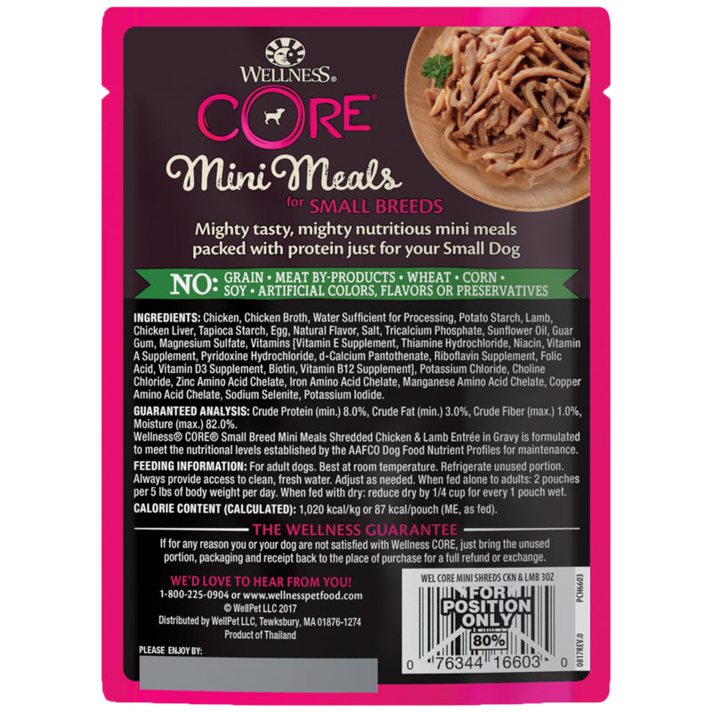 Wellness CORE Natural Grain Free Small Breed Mini Meals Wet Dog Food, Shredded Chicken & Lamb Entrée in Gravy, 3-Ounce Pouch