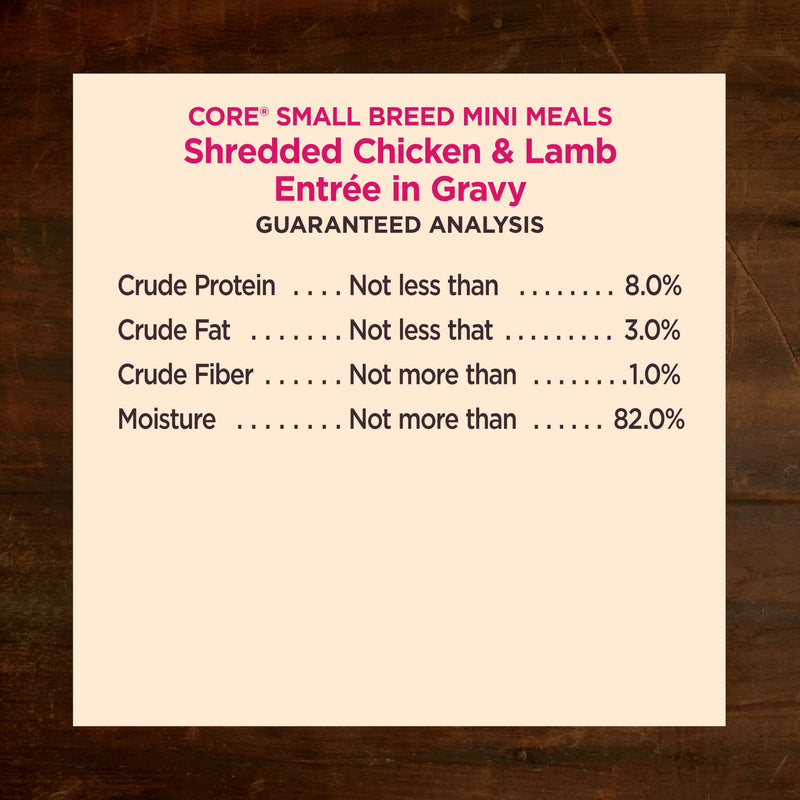 Wellness CORE Natural Grain Free Small Breed Mini Meals Wet Dog Food, Shredded Chicken & Lamb Entrée in Gravy, 3-Ounce Pouch