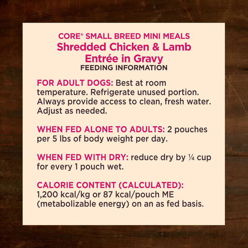 Wellness CORE Natural Grain Free Small Breed Mini Meals Wet Dog Food, Shredded Chicken & Lamb Entrée in Gravy, 3-Ounce Pouch
