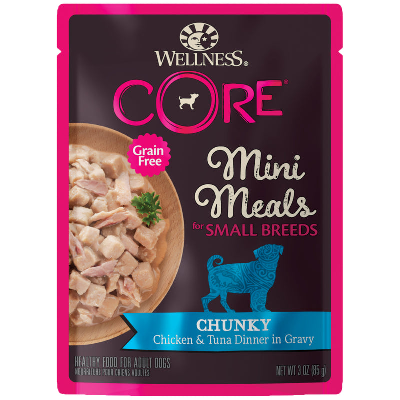 Wellness CORE Natural Grain Free Small Breed Mini Meals Wet Dog Food, Chunky Chicken & Tuna Dinner in Gravy, 3-Ounce Pouch