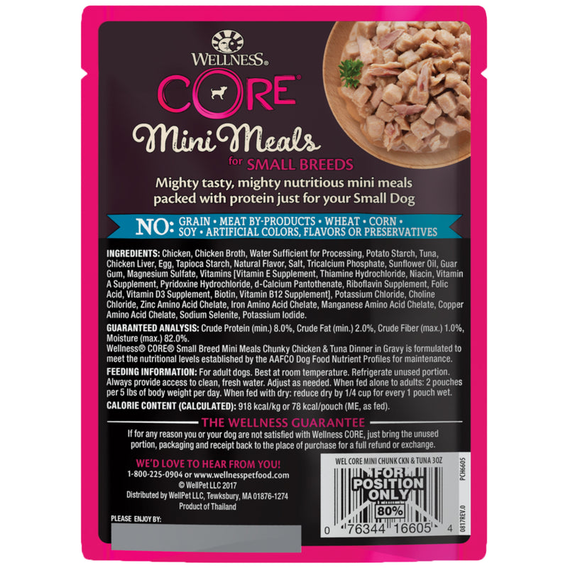 Wellness CORE Natural Grain Free Small Breed Mini Meals Wet Dog Food, Chunky Chicken & Tuna Dinner in Gravy, 3-Ounce Pouch