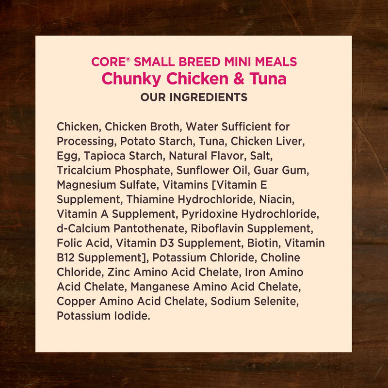 Wellness CORE Natural Grain Free Small Breed Mini Meals Wet Dog Food, Chunky Chicken & Tuna Dinner in Gravy, 3-Ounce Pouch
