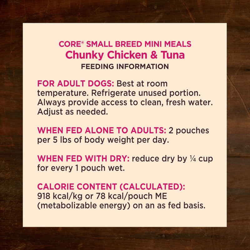 Wellness CORE Natural Grain Free Small Breed Mini Meals Wet Dog Food, Chunky Chicken & Tuna Dinner in Gravy, 3-Ounce Pouch