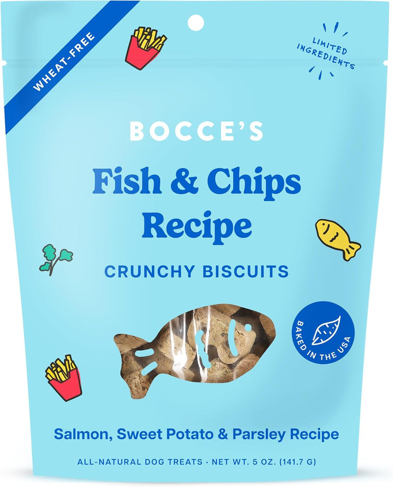 Bocce's Bakery Fish & Chips Treats for Dogs - Special Edition Wheat-Free Dog Treats, Made with Real Ingredients, Baked in The USA, All-Natural Salmon & Sweet Potato Biscuits, 5 oz