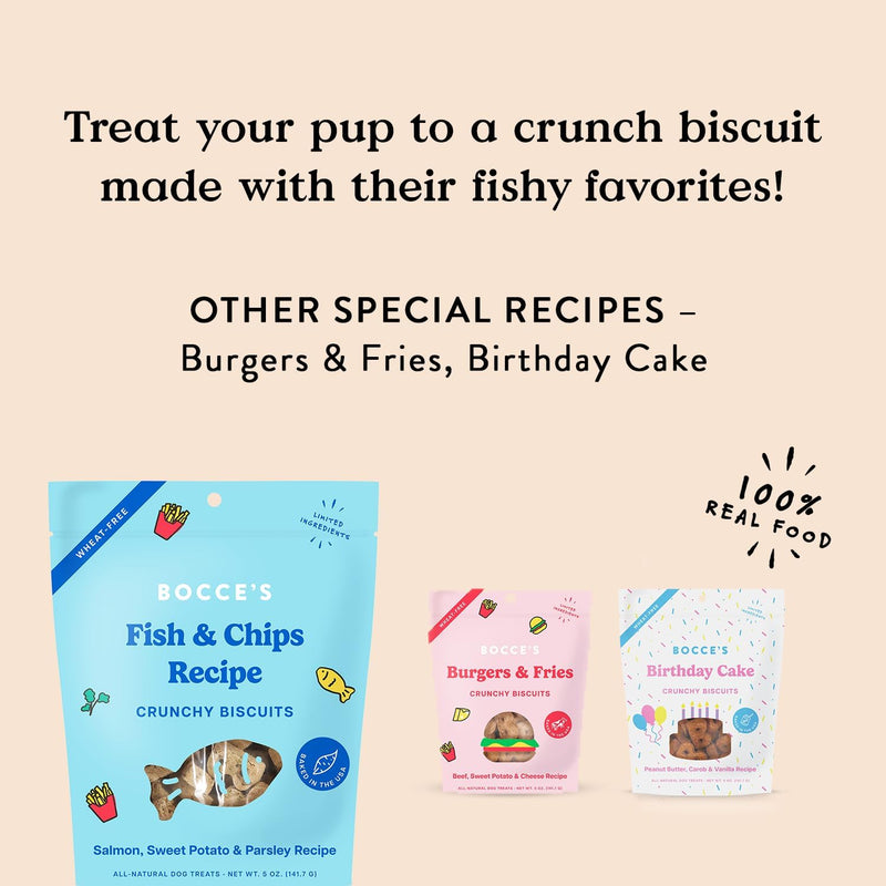 Bocce's Bakery Fish & Chips Treats for Dogs - Special Edition Wheat-Free Dog Treats, Made with Real Ingredients, Baked in The USA, All-Natural Salmon & Sweet Potato Biscuits, 5 oz