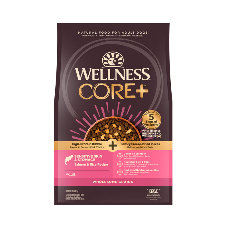 Wellness CORE+ Sensitive Skin & Stomach Dry Dog Food with Freeze Dried Pieces, Wholesome Grains, High Protein, Natural, Salmon & Rice Recipe, (18-Pound Bag)