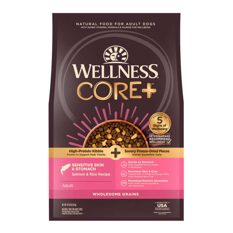 Wellness CORE+ Sensitive Skin & Stomach Dry Dog Food with Freeze Dried Pieces, Wholesome Grains, High Protein, Natural, Salmon & Rice Recipe, (18-Pound Bag)