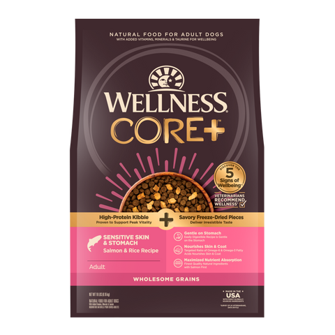 Wellness CORE+ Sensitive Skin & Stomach Dry Dog Food with Freeze Dried Pieces, Wholesome Grains, High Protein, Natural, Salmon & Rice Recipe, (18-Pound Bag)