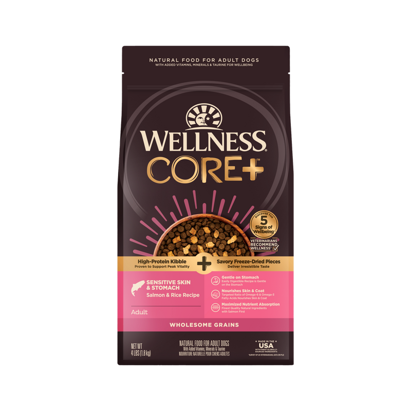 Wellness CORE+ Sensitive Skin & Stomach Dry Dog Food with Freeze Dried Pieces, Wholesome Grains, High Protein, Natural, Salmon & Rice Recipe, (4-Pound Bag)