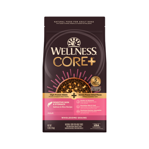 Wellness CORE+ Sensitive Skin & Stomach Dry Dog Food with Freeze Dried Pieces, Wholesome Grains, High Protein, Natural, Salmon & Rice Recipe, (4-Pound Bag)