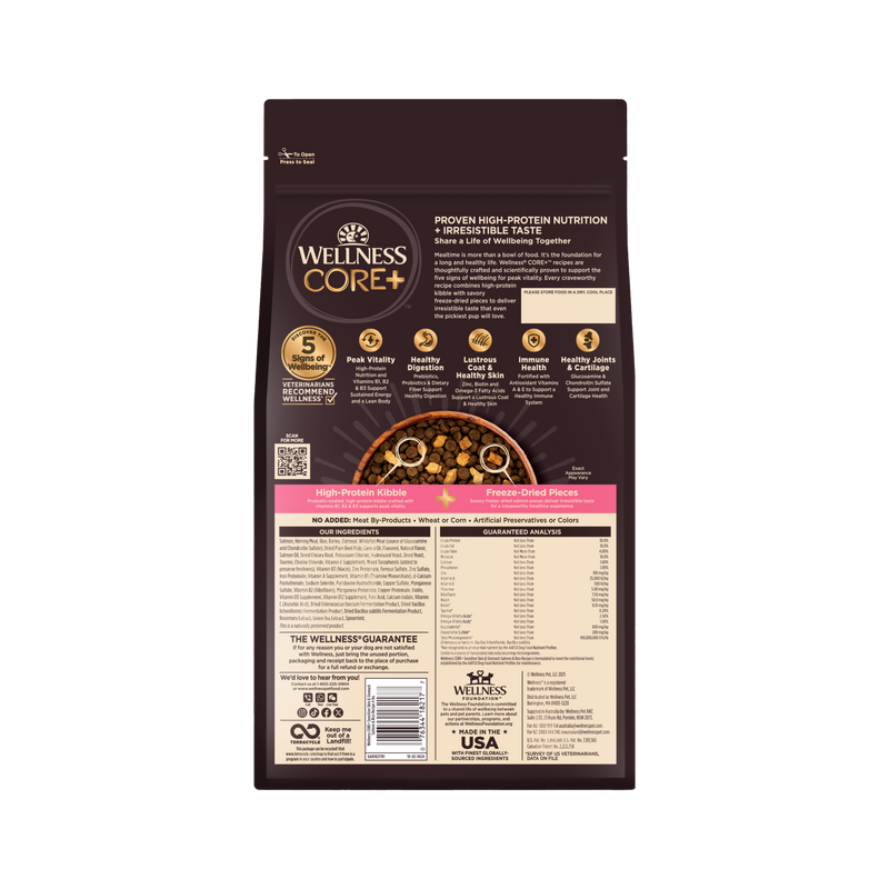 Wellness CORE+ Sensitive Skin & Stomach Dry Dog Food with Freeze Dried Pieces, Wholesome Grains, High Protein, Natural, Salmon & Rice Recipe, (4-Pound Bag)