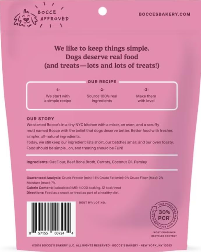 Bocce's Bakery Oven Baked Bone Broth Treats for Dogs, Wheat-Free Everyday Dog Treats, Made with Real Ingredients, Baked in The USA, All-Natural Biscuits, Beef Bone Broth, Carrots, & Parsley, 5 oz