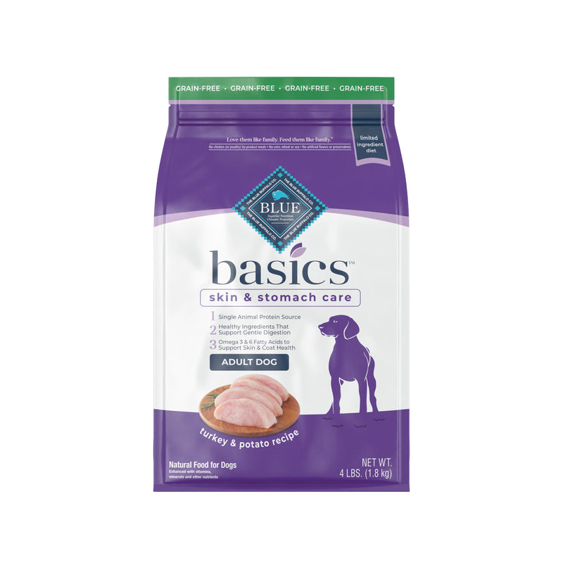 Blue Buffalo Basics Skin & Stomach Care, Grain Free Natural Adult Dry Dog Food, Turkey & Potato 4 lb.