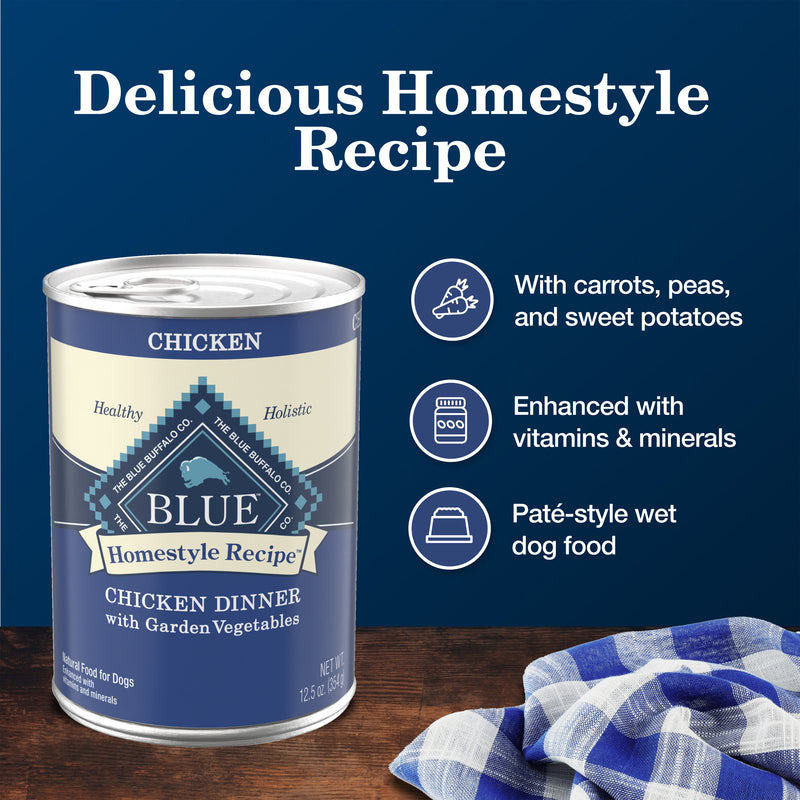 Blue Buffalo Homestyle Recipe Adult Wet Dog Food, Made with Natural Ingredients, Chicken Dinner With Garden Vegetables, 12.5-oz. Can