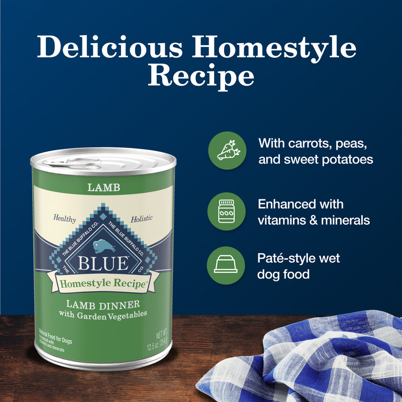 Blue Buffalo Homestyle Recipe Adult Wet Dog Food, Made with Natural Ingredients, Lamb Dinner With Garden Vegetables, 12.5-oz. Can
