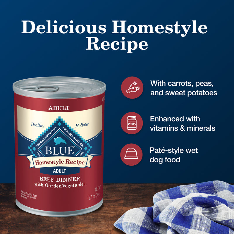 Blue Buffalo Homestyle Recipe Adult Wet Dog Food, Made with Natural Ingredients, Beef Dinner With Garden Vegetables, 12.5-oz. Can