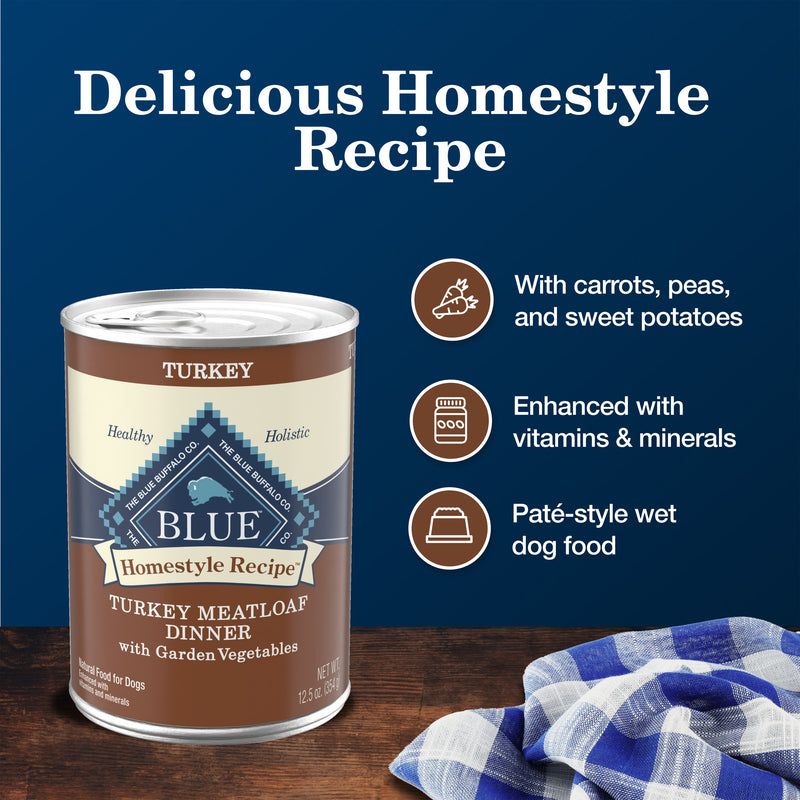 Blue Buffalo Homestyle Recipe Adult Wet Dog Food, Made with Natural Ingredients, Turkey Dinner With Garden Vegetables, 12.5-oz. Can