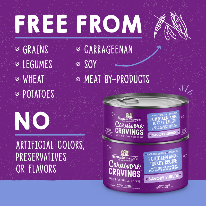 Stella & Chewy's Carnivore Cravings-Savory Shreds Chicken & Turkey Recipe Dinner in Broth - 2.8 Ounce Can