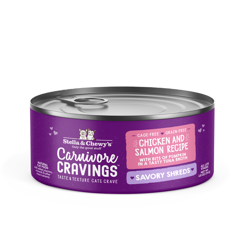 Stella & Chewy's Carnivore Cravings Savory Shreds - Chicken & Salmon Recipe Dinner in Broth - 2.8 Ounce Can