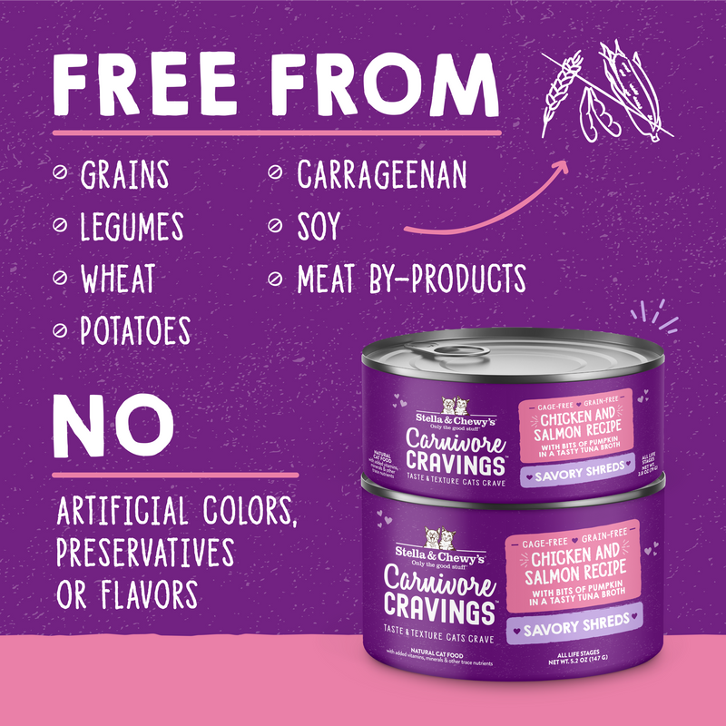 Stella & Chewy's Carnivore Cravings Savory Shreds - Chicken & Salmon Recipe Dinner in Broth - 2.8 Ounce Can