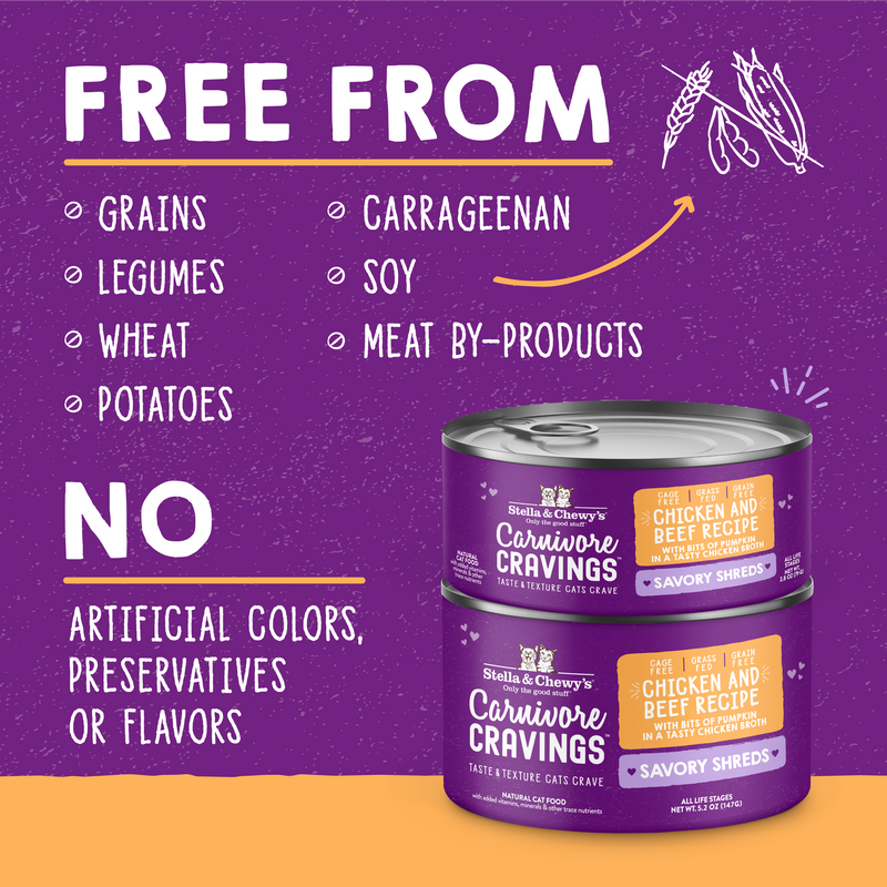 Stella & Chewy's Carnivore Cravings Savory Shreds - Chicken & Beef Recipe Dinner in Broth - 2.8 Ounce Can