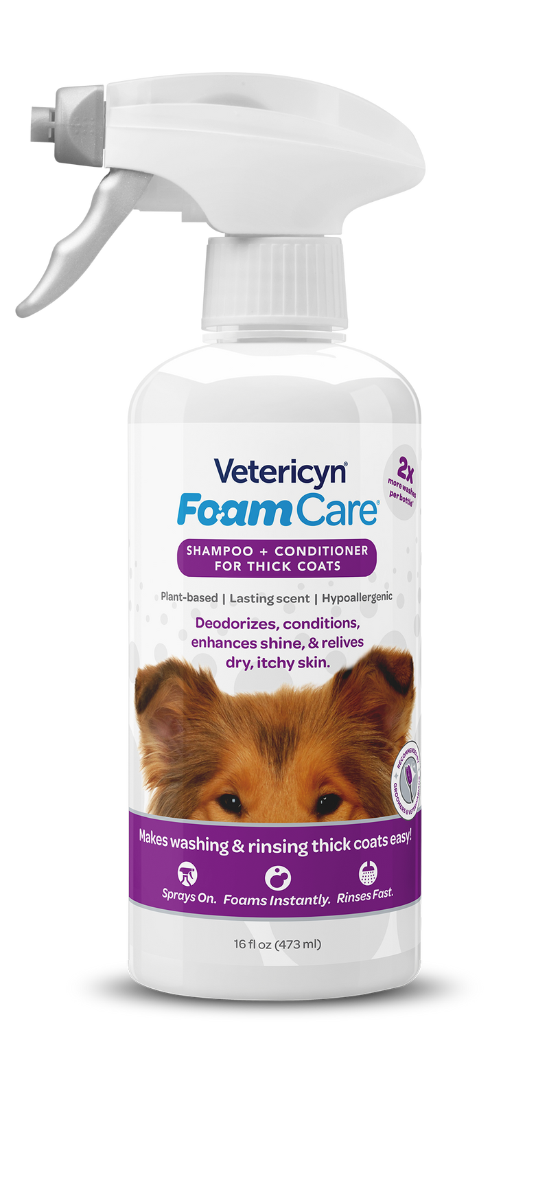 Vetericyn FoamCare Sprayable Thick Coat Shampoo + Conditioner for Dogs & Cats, 16-ounce