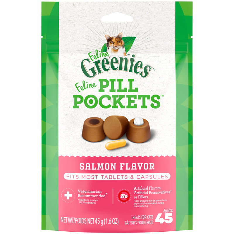 Greenies Feline Pill Pockets for Cats Natural Soft Cat Treats, Salmon Flavor, 1.6 oz. Pack (45 Treats)