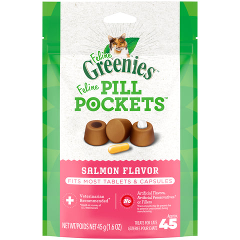 Greenies Feline Pill Pockets for Cats Natural Soft Cat Treats, Salmon Flavor, 1.6 oz. Pack (45 Treats)