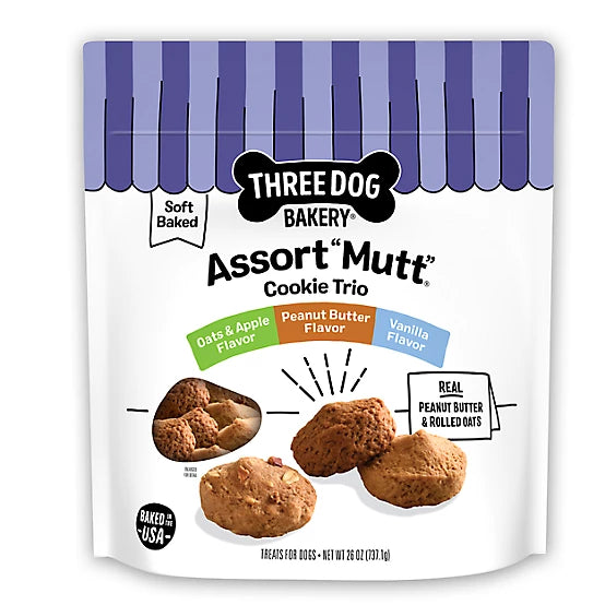 Three Dog Bakery Assortment Mutt Cookie Trio Variety Pack Soft Baked Dog Treats, 26 oz.