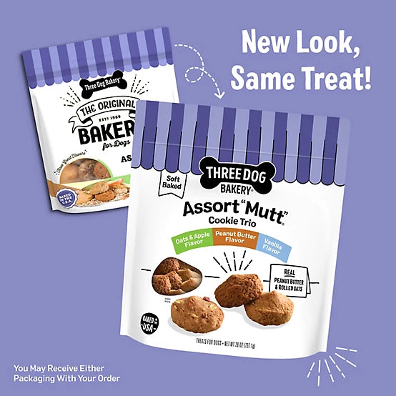 Three Dog Bakery Assortment Mutt Cookie Trio Variety Pack Soft Baked Dog Treats, 26 oz.
