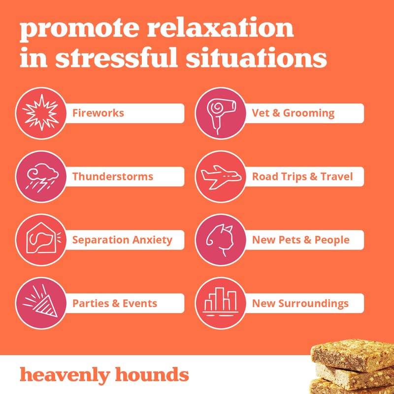 promote relaxation in stressful situations: fireworks, thunderstorms, separation anxiety, parties and events, vet and grooming, travel, new pets and people, new surroundings