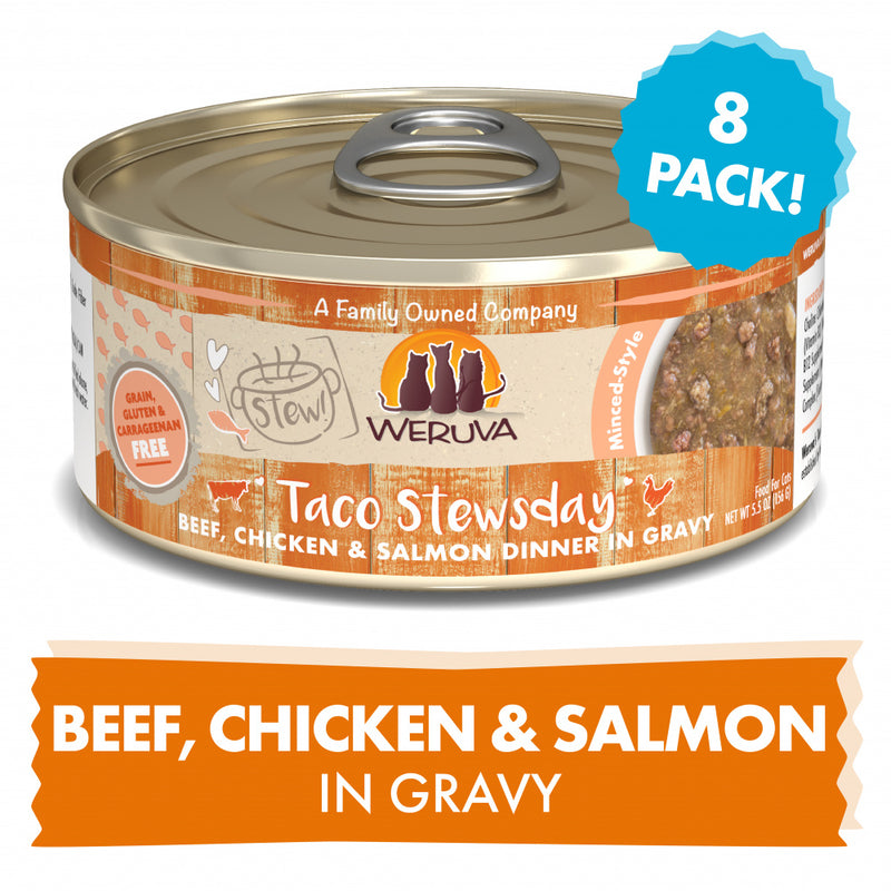 Weruva Classic Cat Stews! Taco Stewsday with Beef Chicken & Salmon in Gravy Canned Cat Food