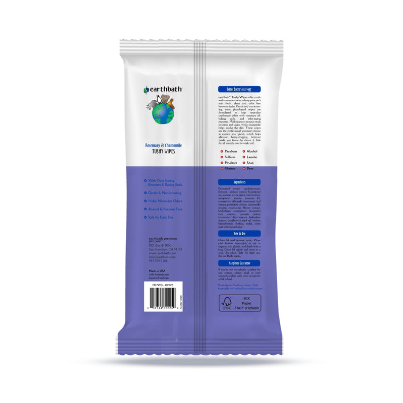 Earthbath Tushy Wipes Rosemary & Chamomile Odor-Eating Enzymes & Baking Soda Plant-Based Wipes