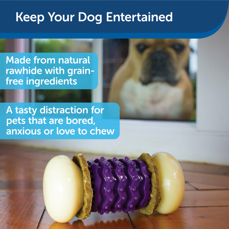 made from natural rawhide with grain-free ingredients.  A tasty distraction for pets that are bored, anxious or love to chew.