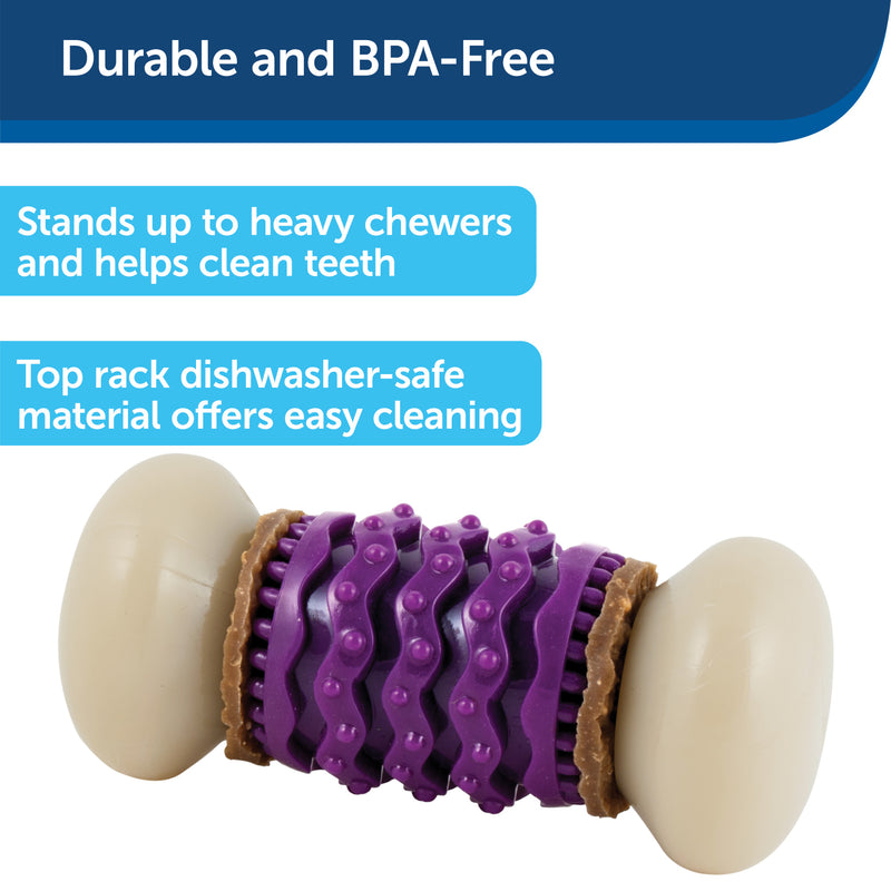 Durable and BPA-Free.  Stands up to heavy chewers and helps clean teeth.  Top rack dishwasher safe material offers easy cleaning.