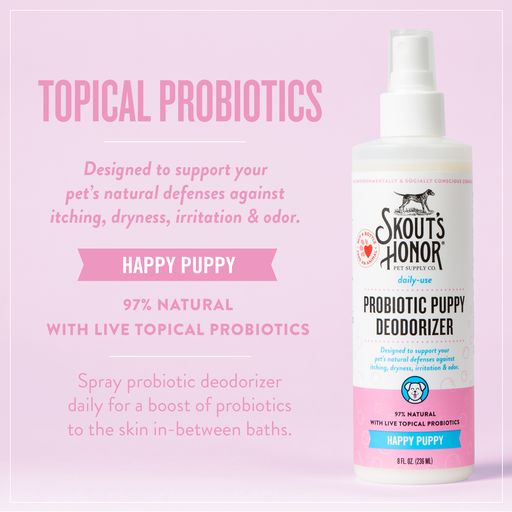 Topical Probiotics designed to support your pet's natural defenses against itching, dryness, irritation & odor.  Happy Puppy.  97% Natural with live topical probiotics.  Spray probiotic deodorizer daily for a boost of probiotics to the skin in-between baths.