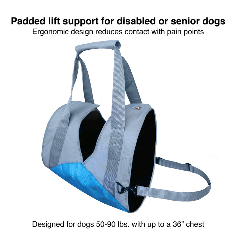 Padded lift support for disabled or senior dogs.  Ergonomic design reduces contact with pain points.  Designed for dogs 50-90lbs. with up to a 36in chest.