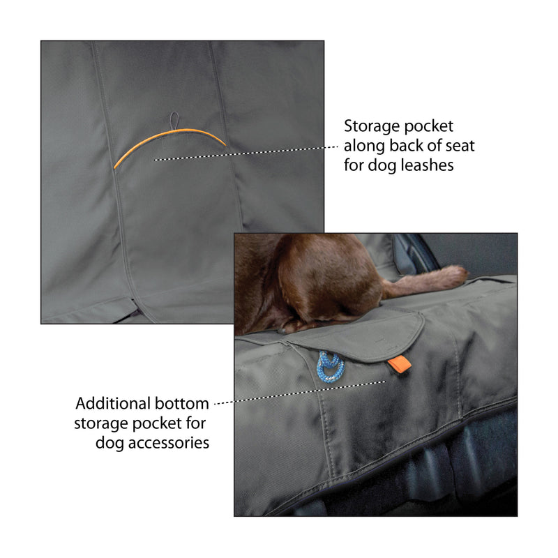 Storage pocket along back of seat for dog leashes.  Additional bottom storage pocket for dog accessories